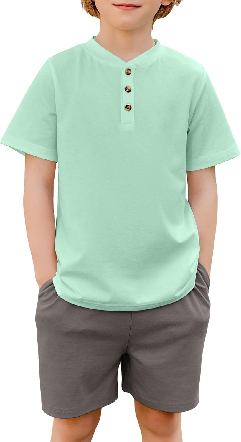 Boys Summer Clothing Sets 3-Button Short Sleeve Tee and Shorts Casual Outfits for 5-12 Years