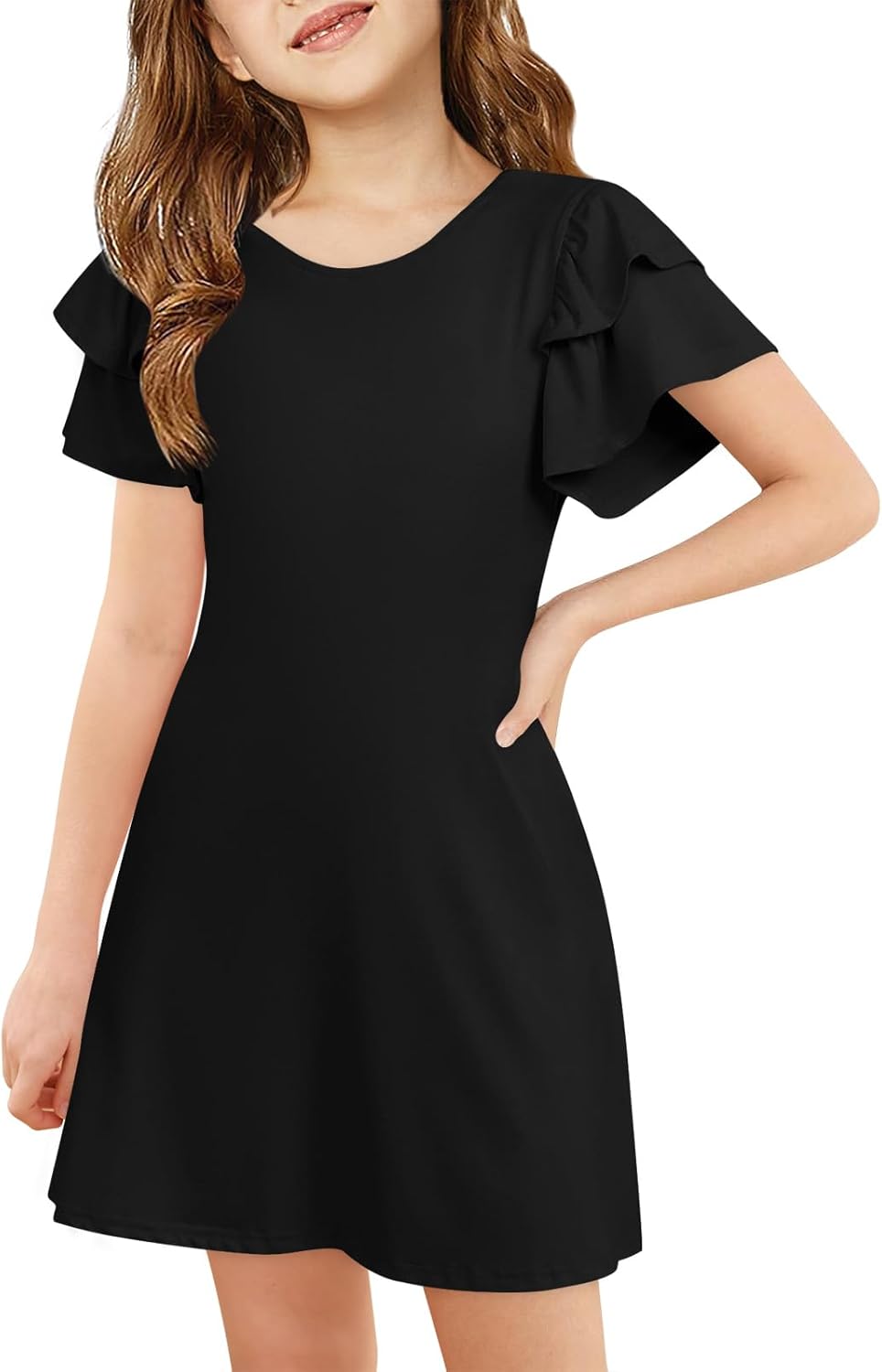 Girls Ruffle Sleeve Dresses Kids Summer Crewneck a Line Casual Dress 5-14 Years