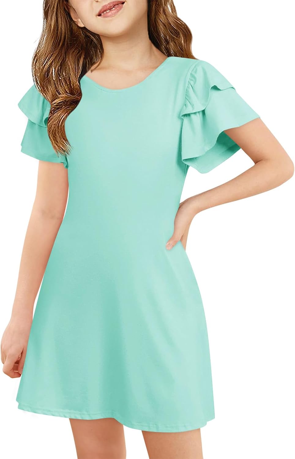 Girls Ruffle Sleeve Dresses Kids Summer Crewneck a Line Casual Dress 5-14 Years