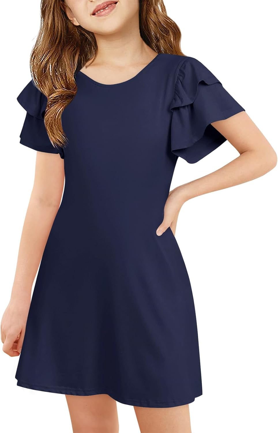 Girls Ruffle Sleeve Dresses Kids Summer Crewneck a Line Casual Dress 5-14 Years