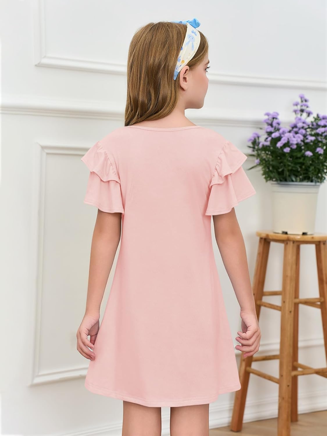 Girls Ruffle Sleeve Dresses Kids Summer Crewneck a Line Casual Dress 5-14 Years