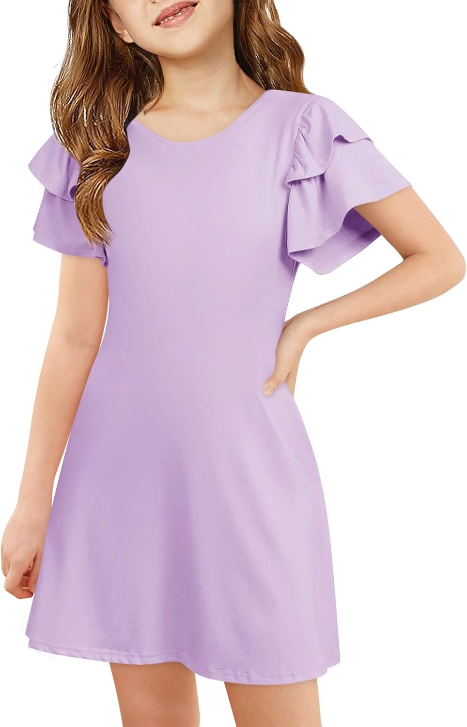 Girls Ruffle Sleeve Dresses Kids Summer Crewneck a Line Casual Dress 5-14 Years