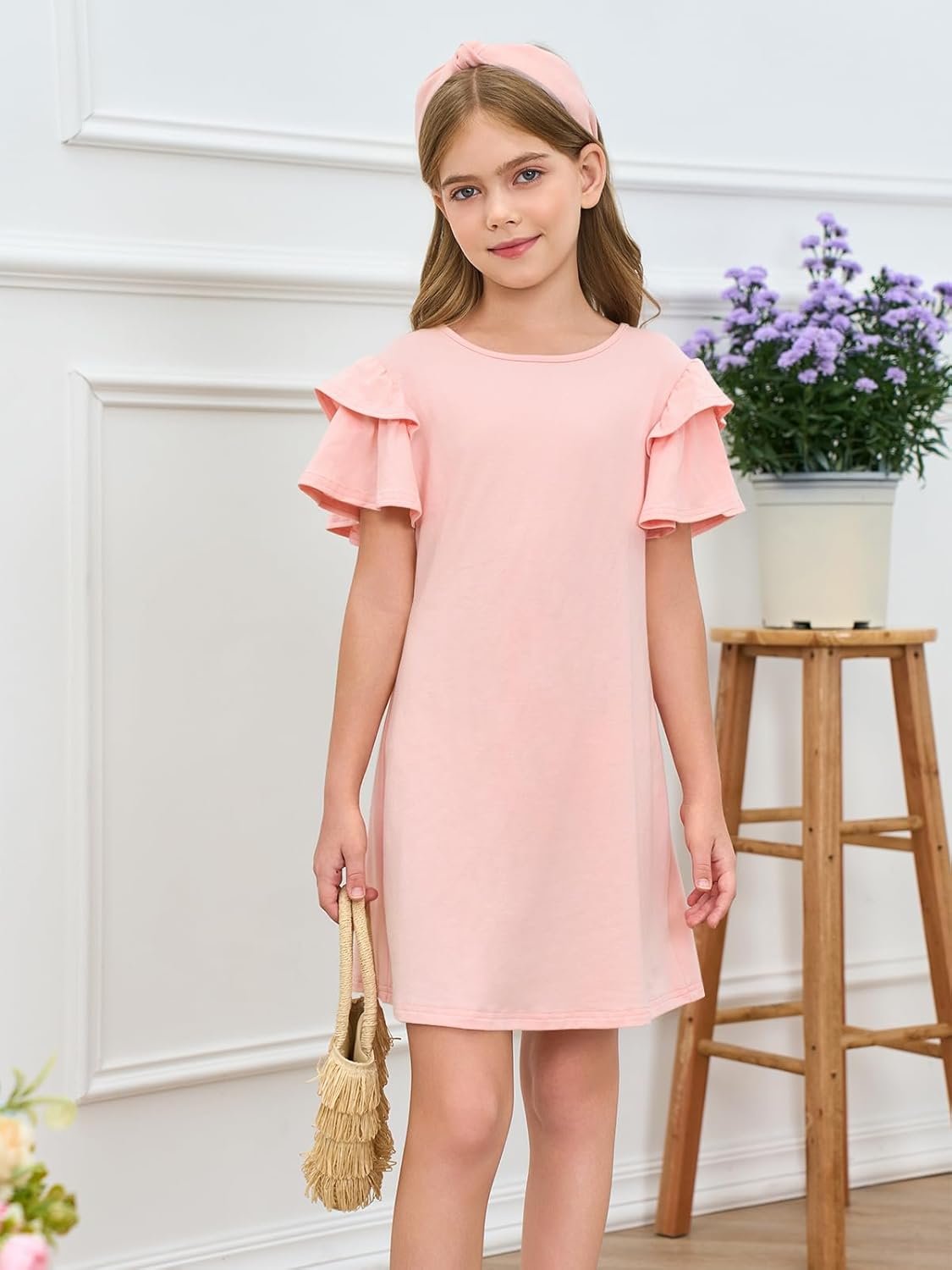 Girls Ruffle Sleeve Dresses Kids Summer Crewneck a Line Casual Dress 5-14 Years