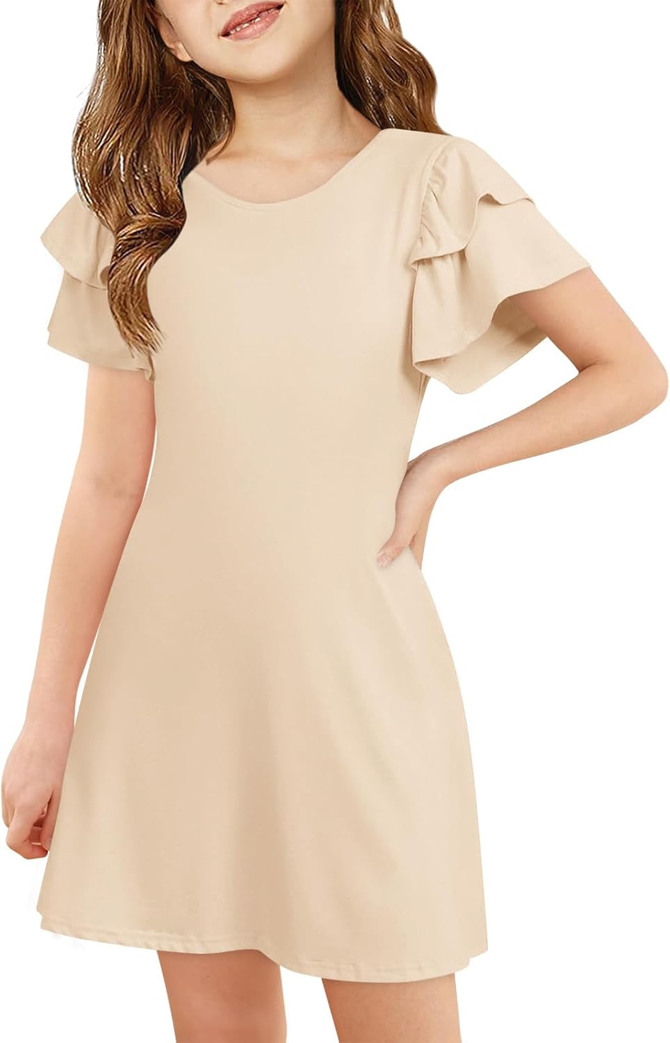 Girls Ruffle Sleeve Dresses Kids Summer Crewneck a Line Casual Dress 5-14 Years