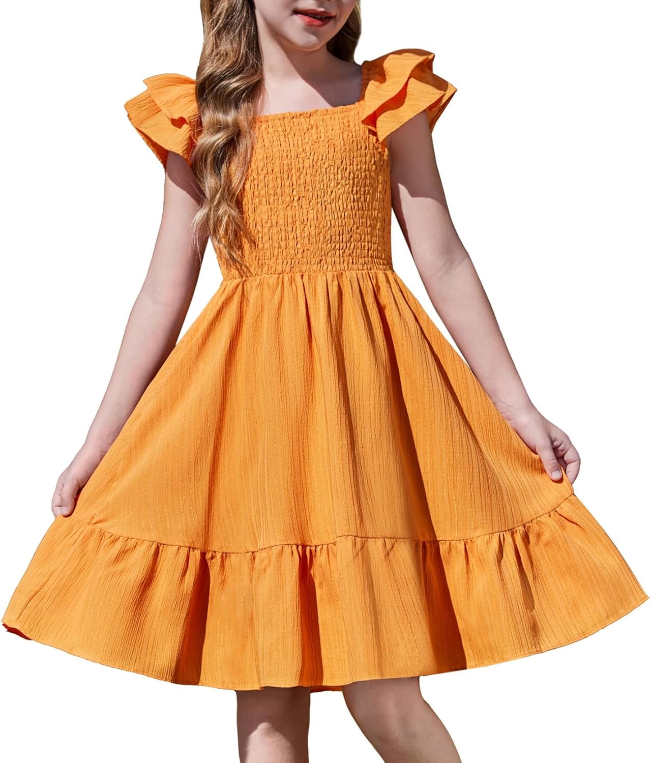 Girls Dresses Double Pleated Sleeve Square Neck off Shoulder with Pockets Tween Sundress Size 5-16