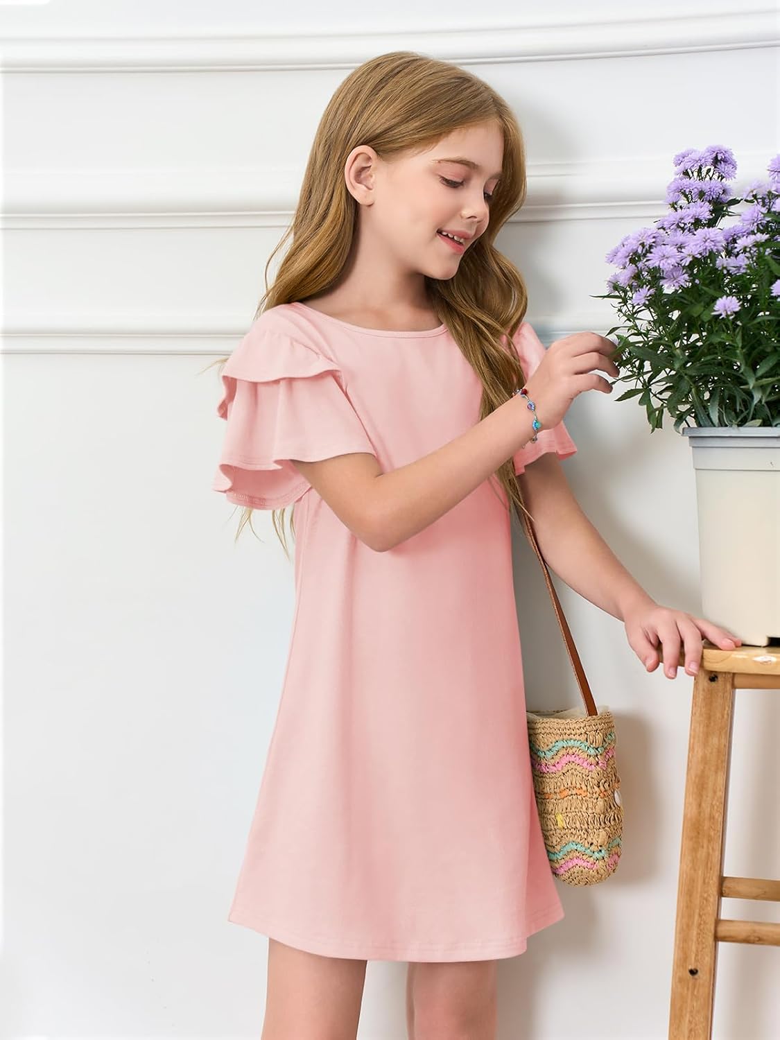Girls Ruffle Sleeve Dresses Kids Summer Crewneck a Line Casual Dress 5-14 Years