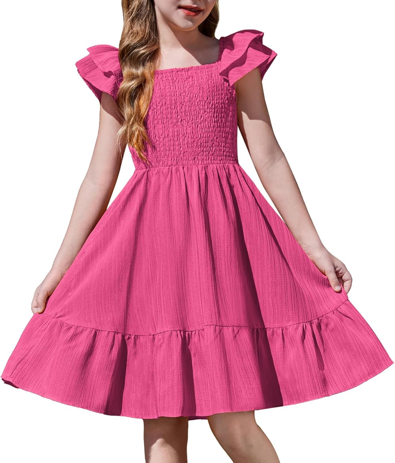 Girls Dresses Double Pleated Sleeve Square Neck off Shoulder with Pockets Tween Sundress Size 5-16