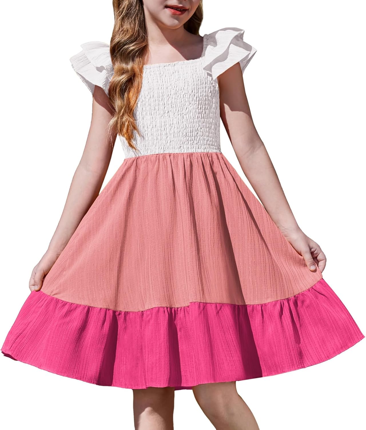 Girls Dresses Double Pleated Sleeve Square Neck off Shoulder with Pockets Tween Sundress Size 5-16