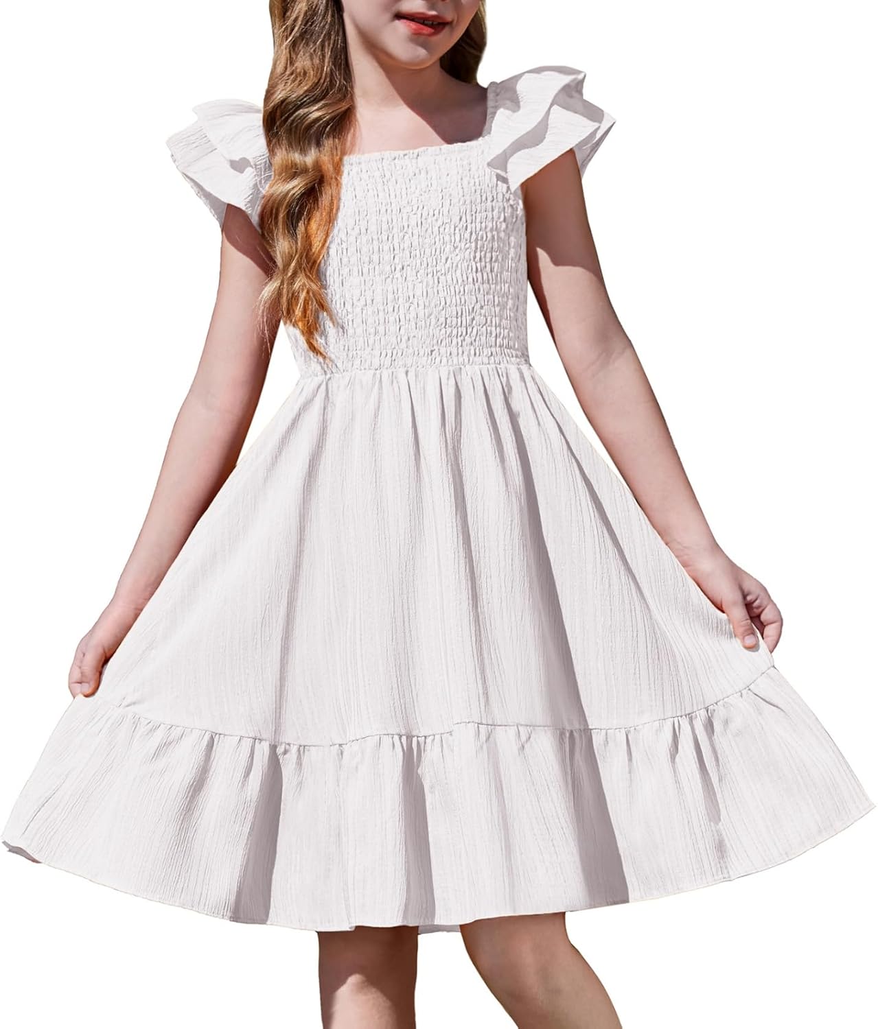 Girls Dresses Double Pleated Sleeve Square Neck off Shoulder with Pockets Tween Sundress Size 5-16