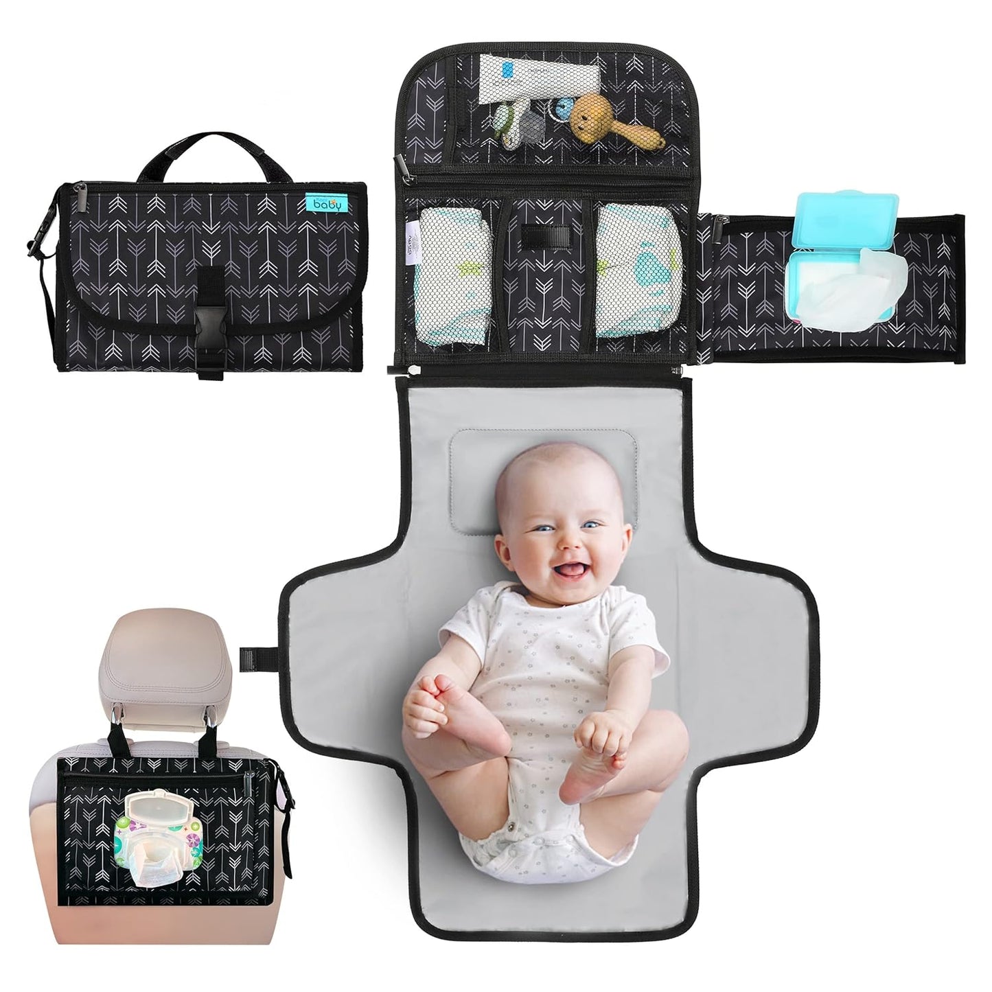 Portable Diaper Changing Pad - Baby Diaper Changer Travel Bag with Wipes Pocket, Smart Design Portable Changing Mat, Infant Travel Station Kit, Gift for Newborn Girl & Boy - Grey, Classic