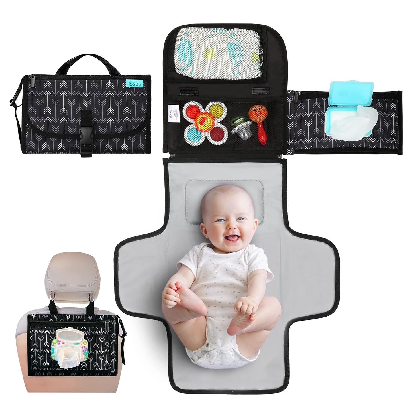Portable Diaper Changing Pad - Baby Diaper Changer Travel Bag with Wipes Pocket, Smart Design Portable Changing Mat, Infant Travel Station Kit, Gift for Newborn Girl & Boy - Grey, Classic