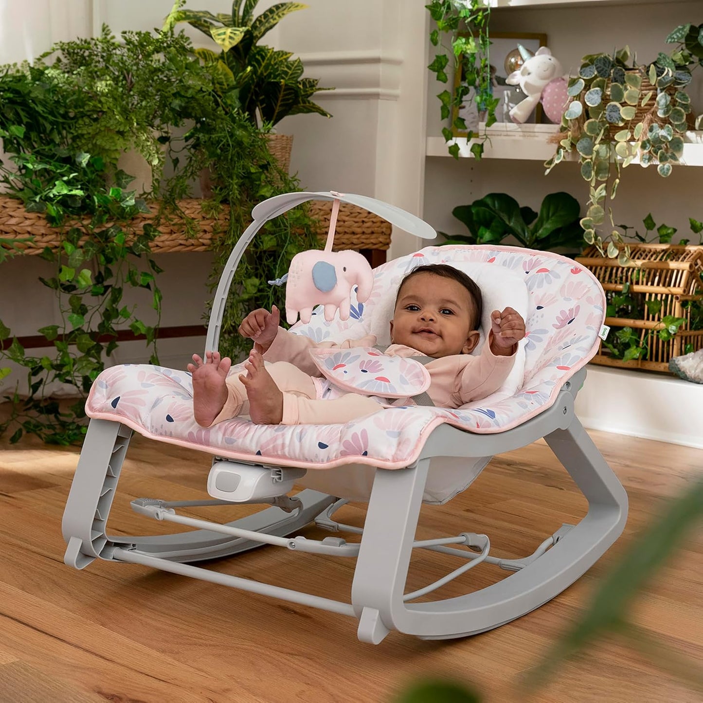 Keep Cozy 3-In-1 Grow with Me Vibrating Baby Bouncer Seat & Infant to Toddler Rocker, Vibrations & -Toy Bar, 0-30 Months up to 40 Lbs (Pink Burst)