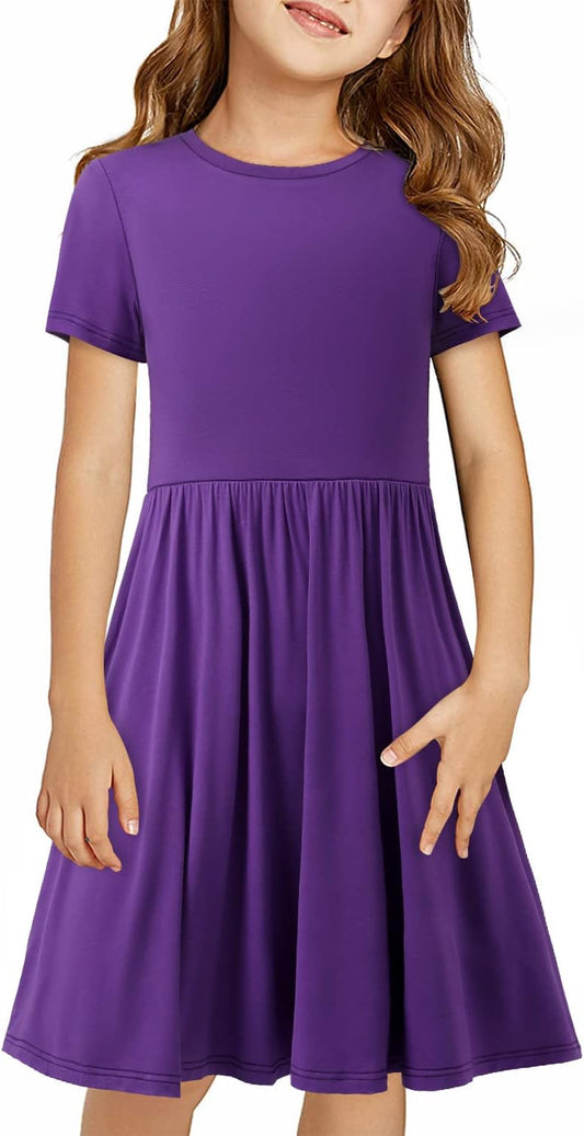 Girls Short Sleeve Dress Casual a Line Twirly Skater Dresses 4-13 Years