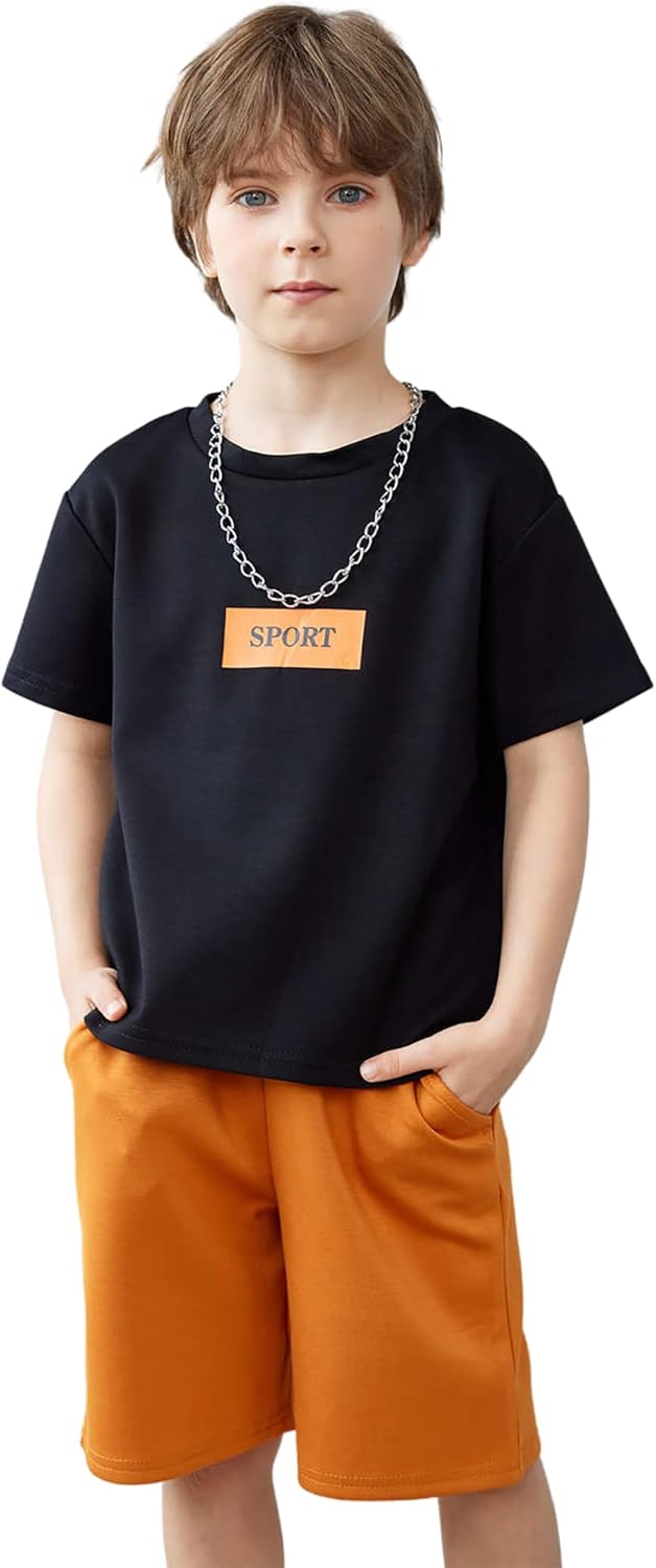Boys Drop Shoulder T-Shirt and Drawstring Waist Shorts with Chain Necklace Summer Casual Outfits (5-12 Years)