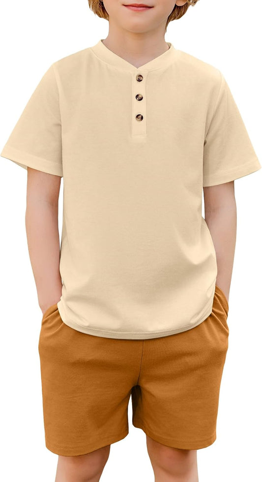Boys Summer Clothing Sets 3-Button Short Sleeve Tee and Shorts Casual Outfits for 5-12 Years