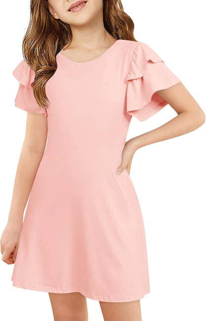 Girls Ruffle Sleeve Dresses Kids Summer Crewneck a Line Casual Dress 5-14 Years