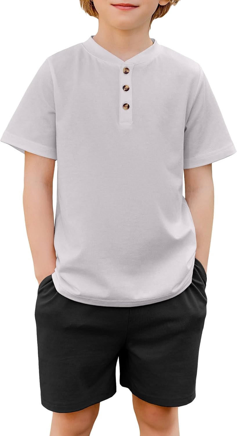 Boys Summer Clothing Sets 3-Button Short Sleeve Tee and Shorts Casual Outfits for 5-12 Years