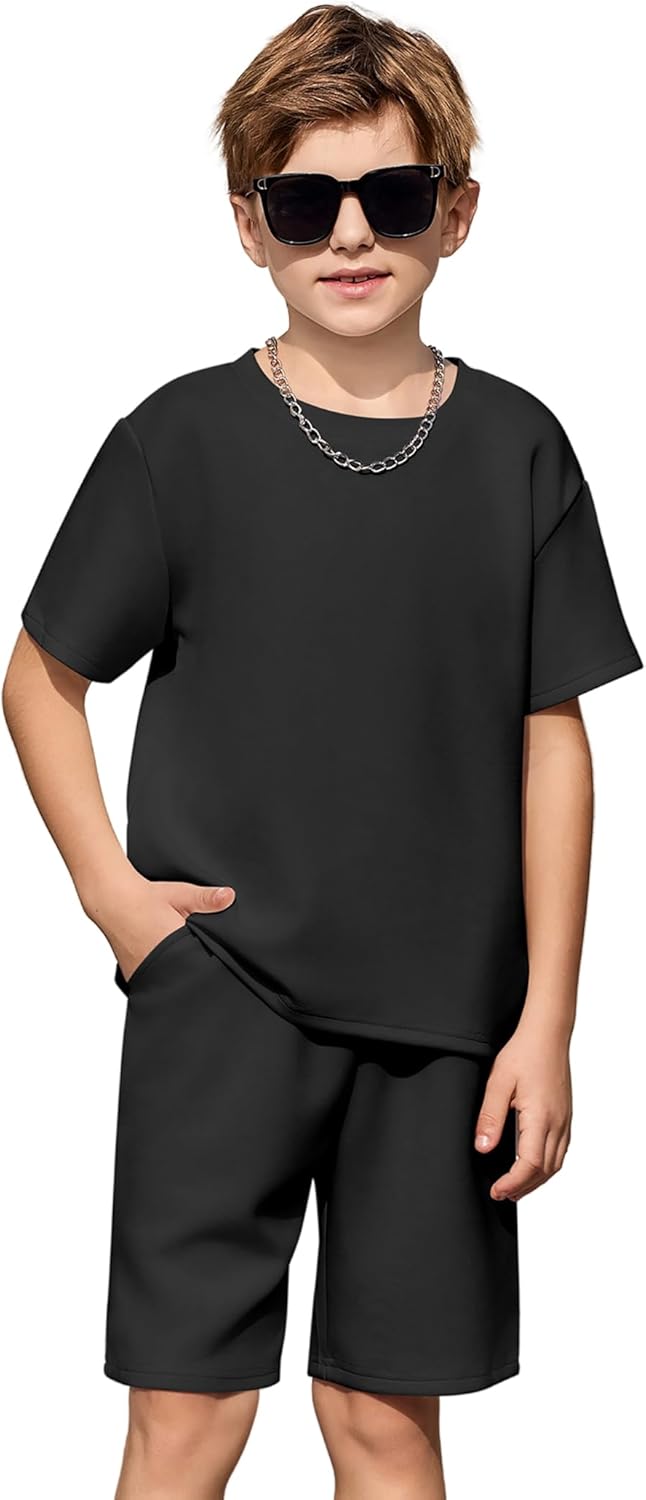 Boys Drop Shoulder T-Shirt and Drawstring Waist Shorts with Chain Necklace Summer Casual Outfits (5-12 Years)