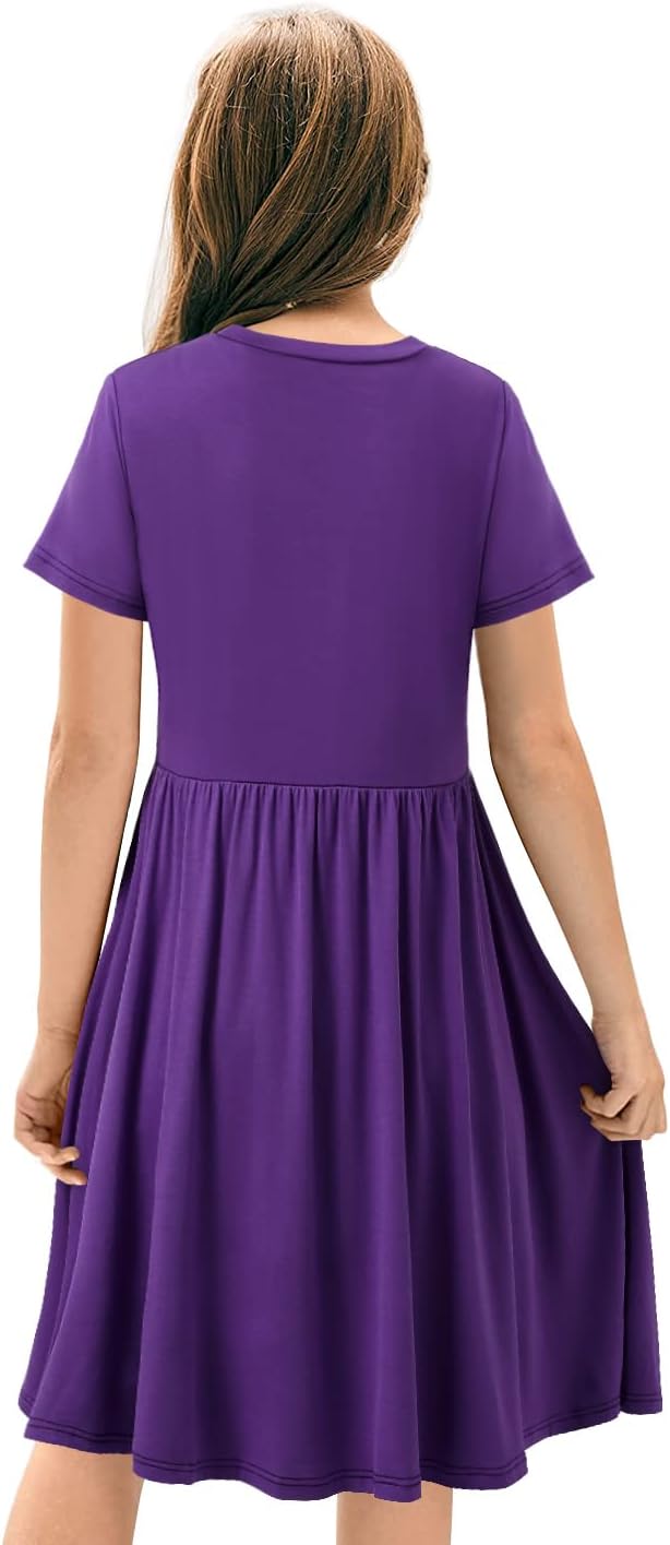 Girls Short Sleeve Dress Casual a Line Twirly Skater Dresses 4-13 Years