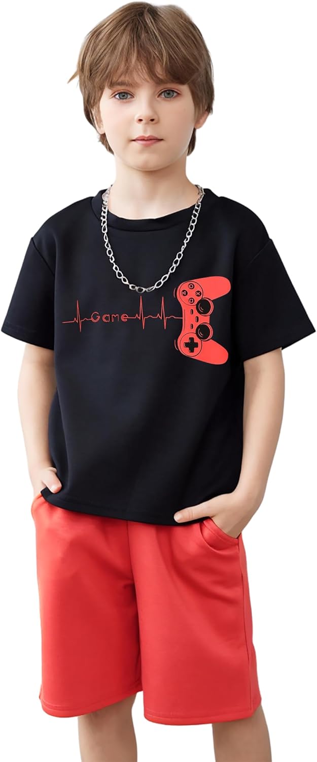 Boys Drop Shoulder T-Shirt and Drawstring Waist Shorts with Chain Necklace Summer Casual Outfits (5-12 Years)
