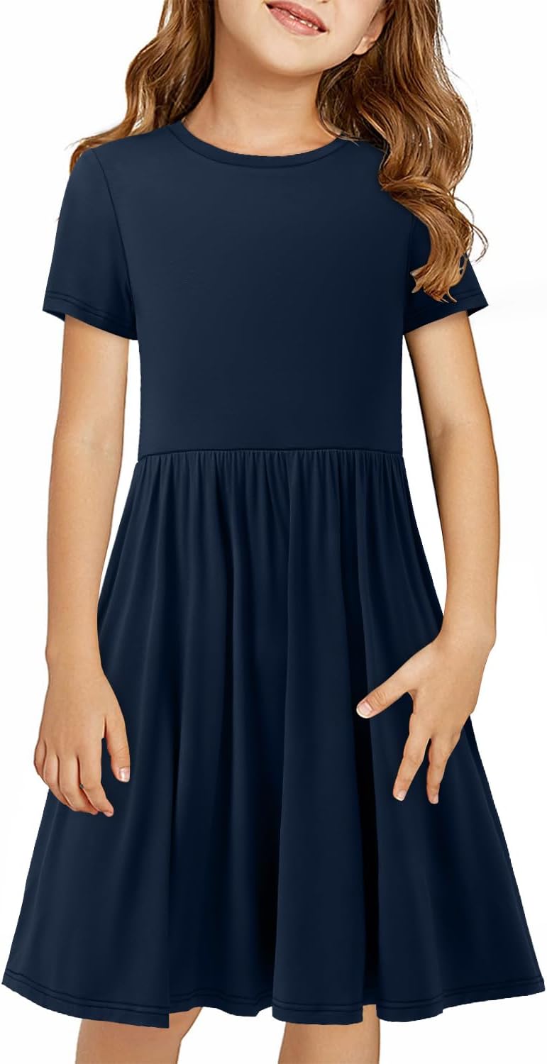 Girls Short Sleeve Dress Casual a Line Twirly Skater Dresses 4-13 Years