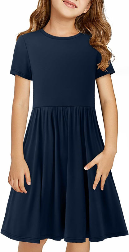 Girls Short Sleeve Dress Casual a Line Twirly Skater Dresses 4-13 Years
