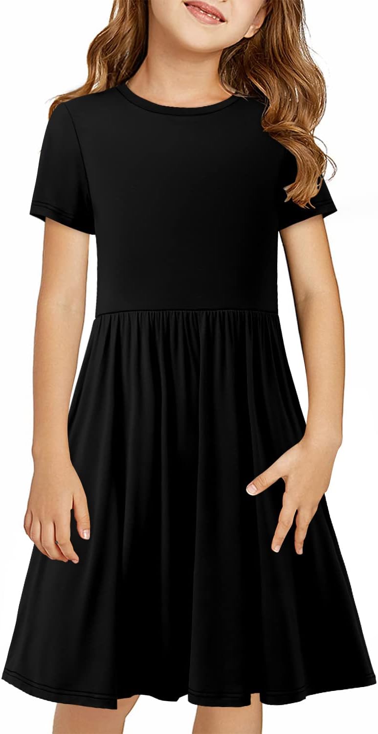 Girls Short Sleeve Dress Casual a Line Twirly Skater Dresses 4-13 Years