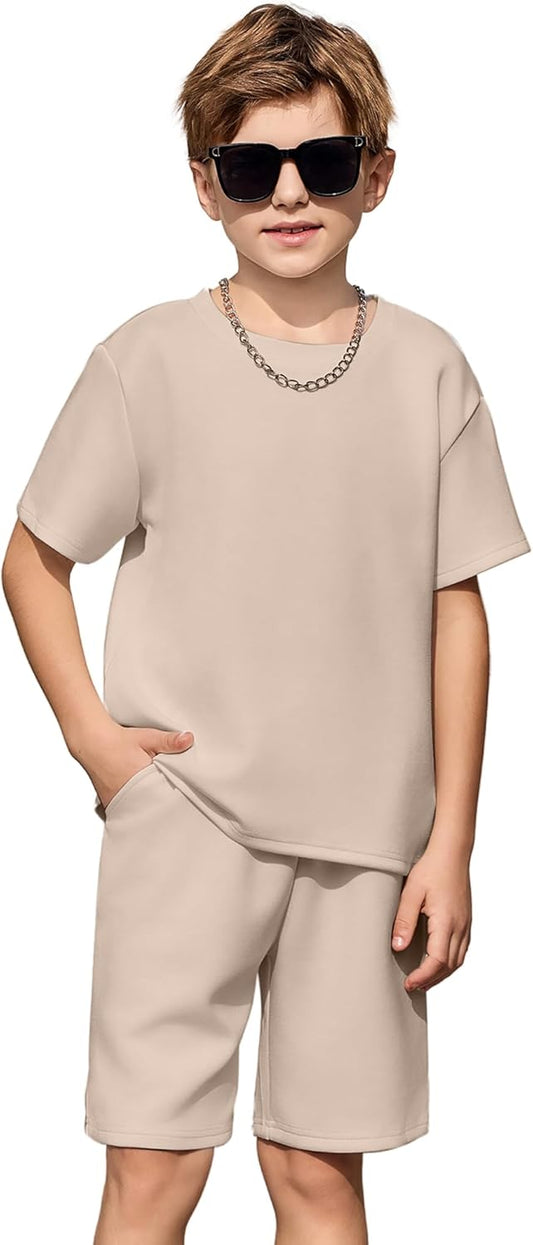 Boys Drop Shoulder T-Shirt and Drawstring Waist Shorts with Chain Necklace Summer Casual Outfits (5-12 Years)