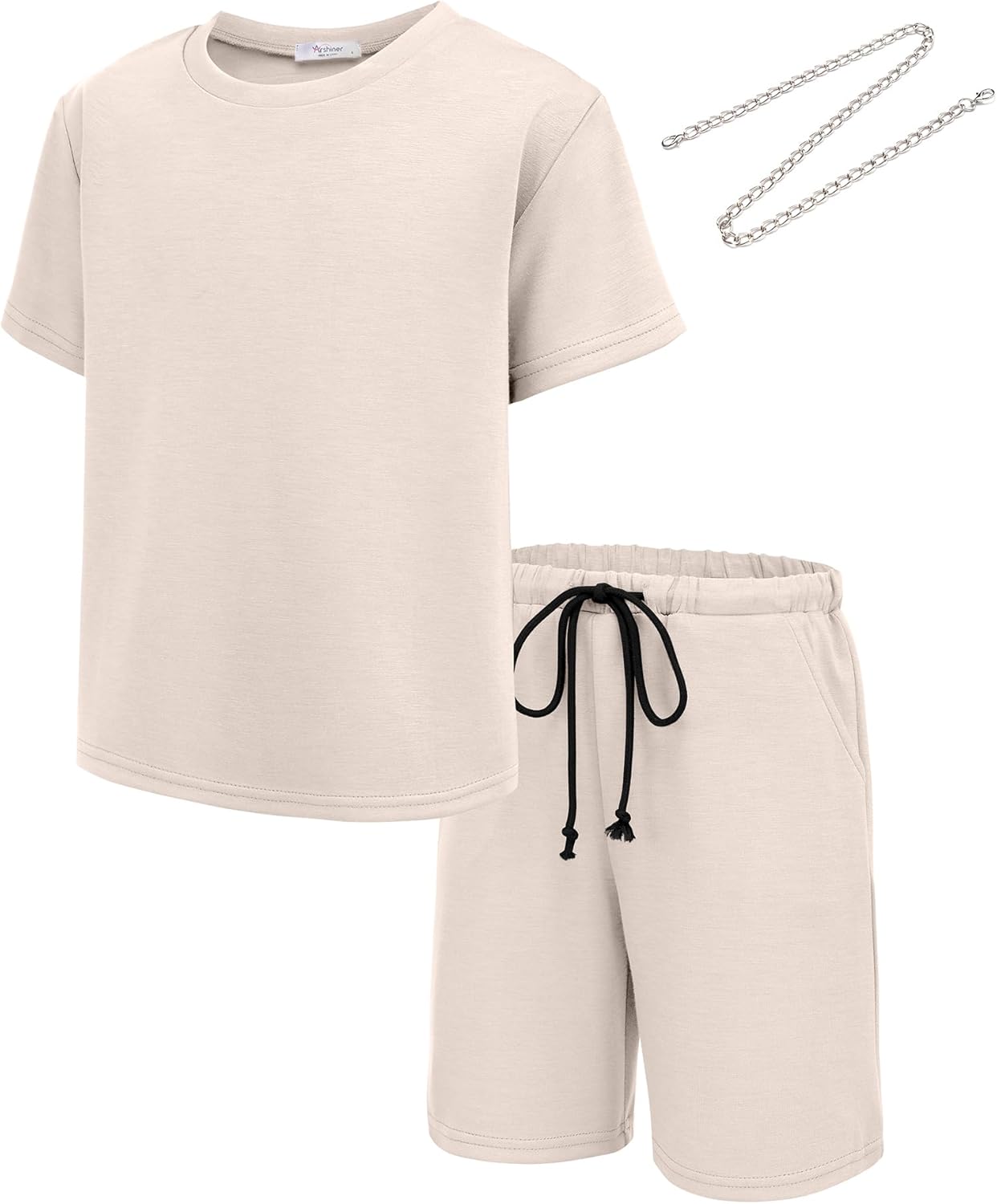 Boys Drop Shoulder T-Shirt and Drawstring Waist Shorts with Chain Necklace Summer Casual Outfits (5-12 Years)