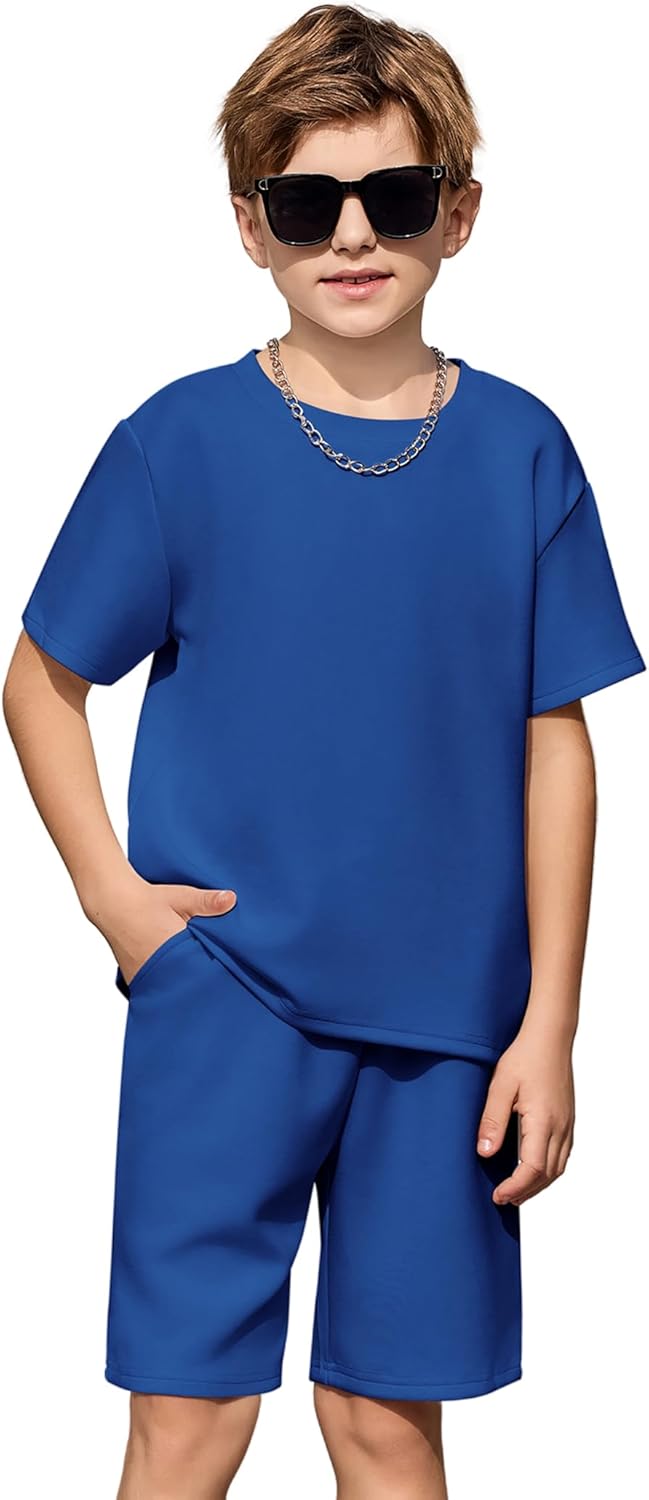 Boys Drop Shoulder T-Shirt and Drawstring Waist Shorts with Chain Necklace Summer Casual Outfits (5-12 Years)