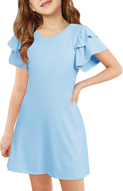 Girls Ruffle Sleeve Dresses Kids Summer Crewneck a Line Casual Dress 5-14 Years