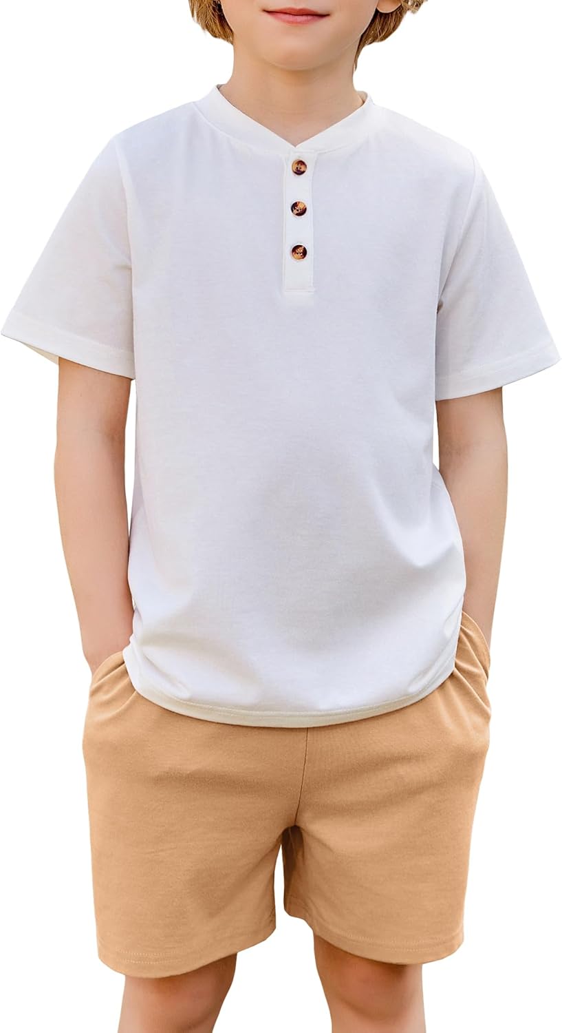 Boys Summer Clothing Sets 3-Button Short Sleeve Tee and Shorts Casual Outfits for 5-12 Years