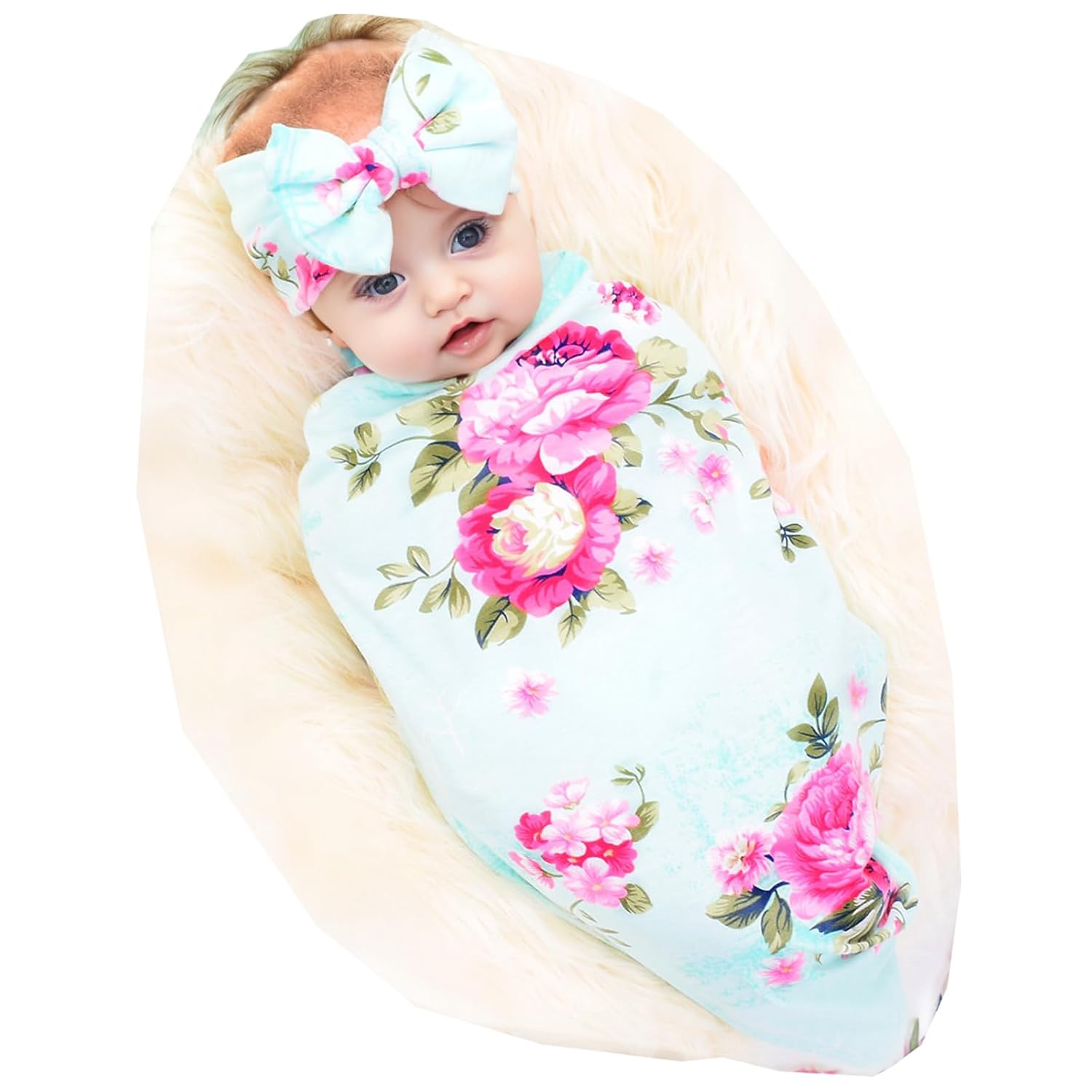 Newborn Receiving Blanket Headband Set Baby Flower Swaddle (Vintage Flower)