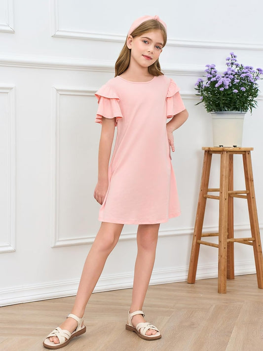 Girls Ruffle Sleeve Dresses Kids Summer Crewneck a Line Casual Dress 5-14 Years