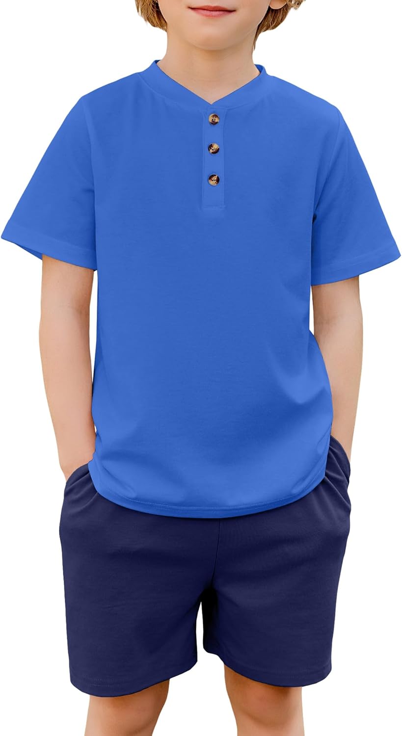 Boys Summer Clothing Sets 3-Button Short Sleeve Tee and Shorts Casual Outfits for 5-12 Years