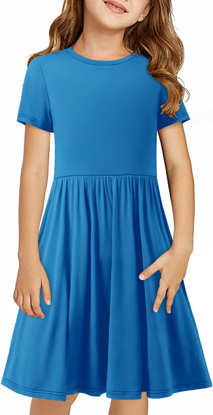Girls Short Sleeve Dress Casual a Line Twirly Skater Dresses 4-13 Years