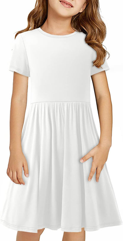Girls Short Sleeve Dress Casual a Line Twirly Skater Dresses 4-13 Years