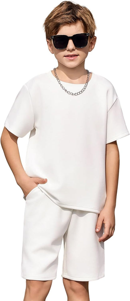 Boys Drop Shoulder T-Shirt and Drawstring Waist Shorts with Chain Necklace Summer Casual Outfits (5-12 Years)