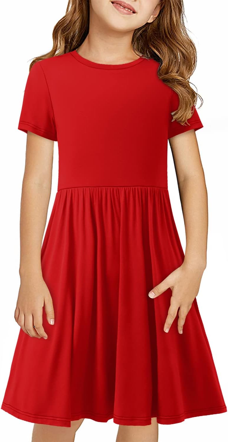 Girls Short Sleeve Dress Casual a Line Twirly Skater Dresses 4-13 Years
