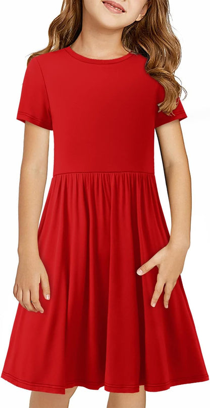 Girls Short Sleeve Dress Casual a Line Twirly Skater Dresses 4-13 Years