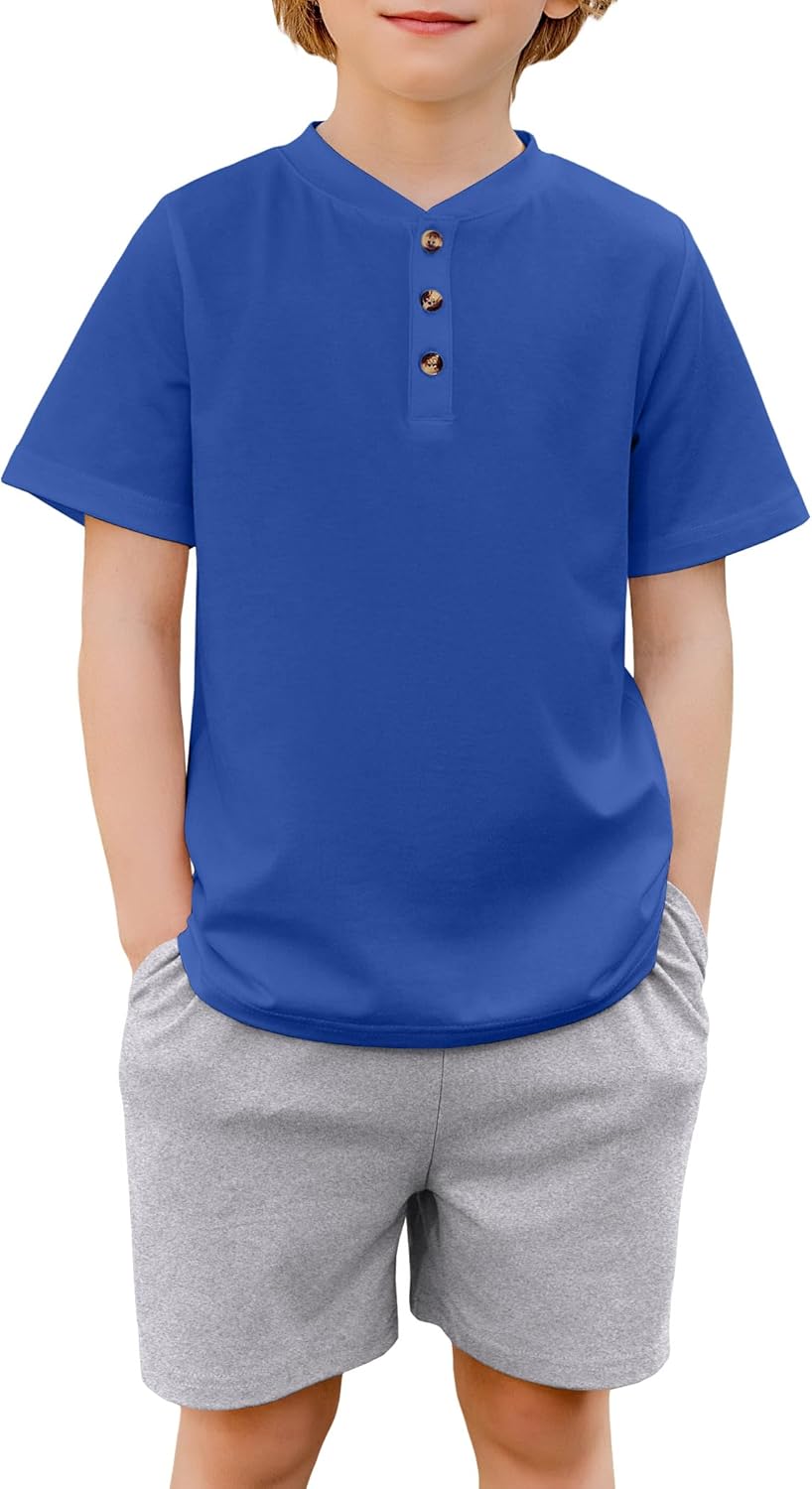 Boys Summer Clothing Sets 3-Button Short Sleeve Tee and Shorts Casual Outfits for 5-12 Years