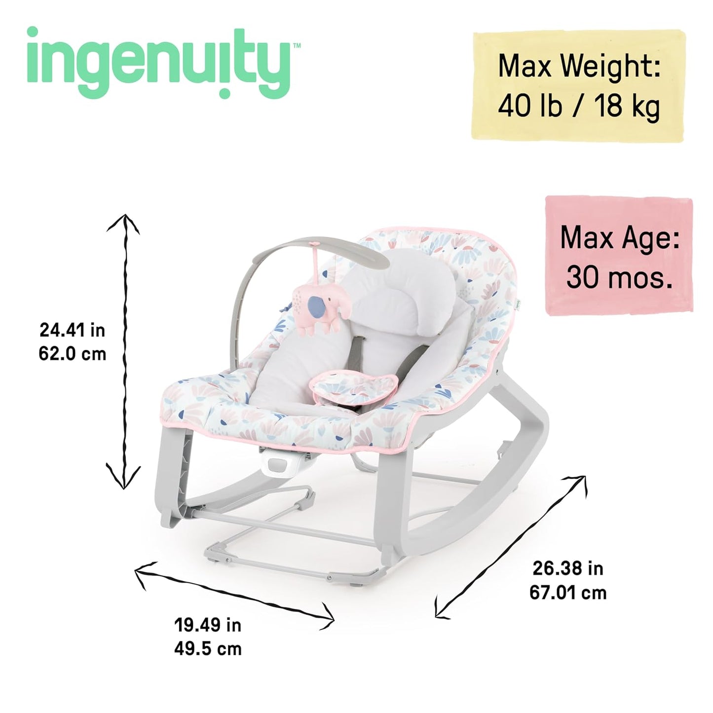 Keep Cozy 3-In-1 Grow with Me Vibrating Baby Bouncer Seat & Infant to Toddler Rocker, Vibrations & -Toy Bar, 0-30 Months up to 40 Lbs (Pink Burst)