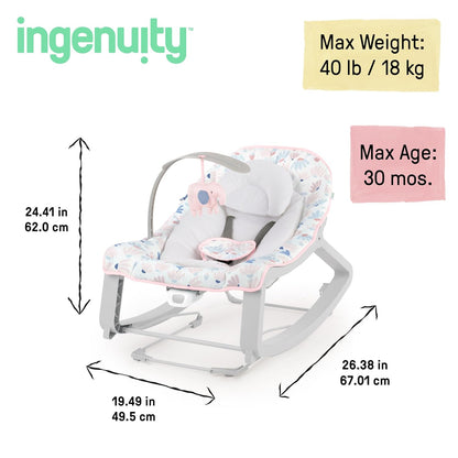Keep Cozy 3-In-1 Grow with Me Vibrating Baby Bouncer Seat & Infant to Toddler Rocker, Vibrations & -Toy Bar, 0-30 Months up to 40 Lbs (Pink Burst)