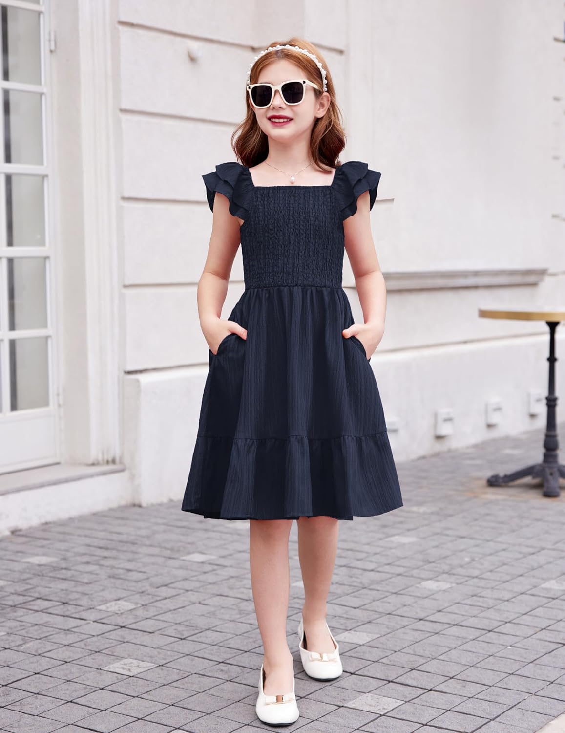 Girls Dresses Double Pleated Sleeve Square Neck off Shoulder with Pockets Tween Sundress Size 5-16