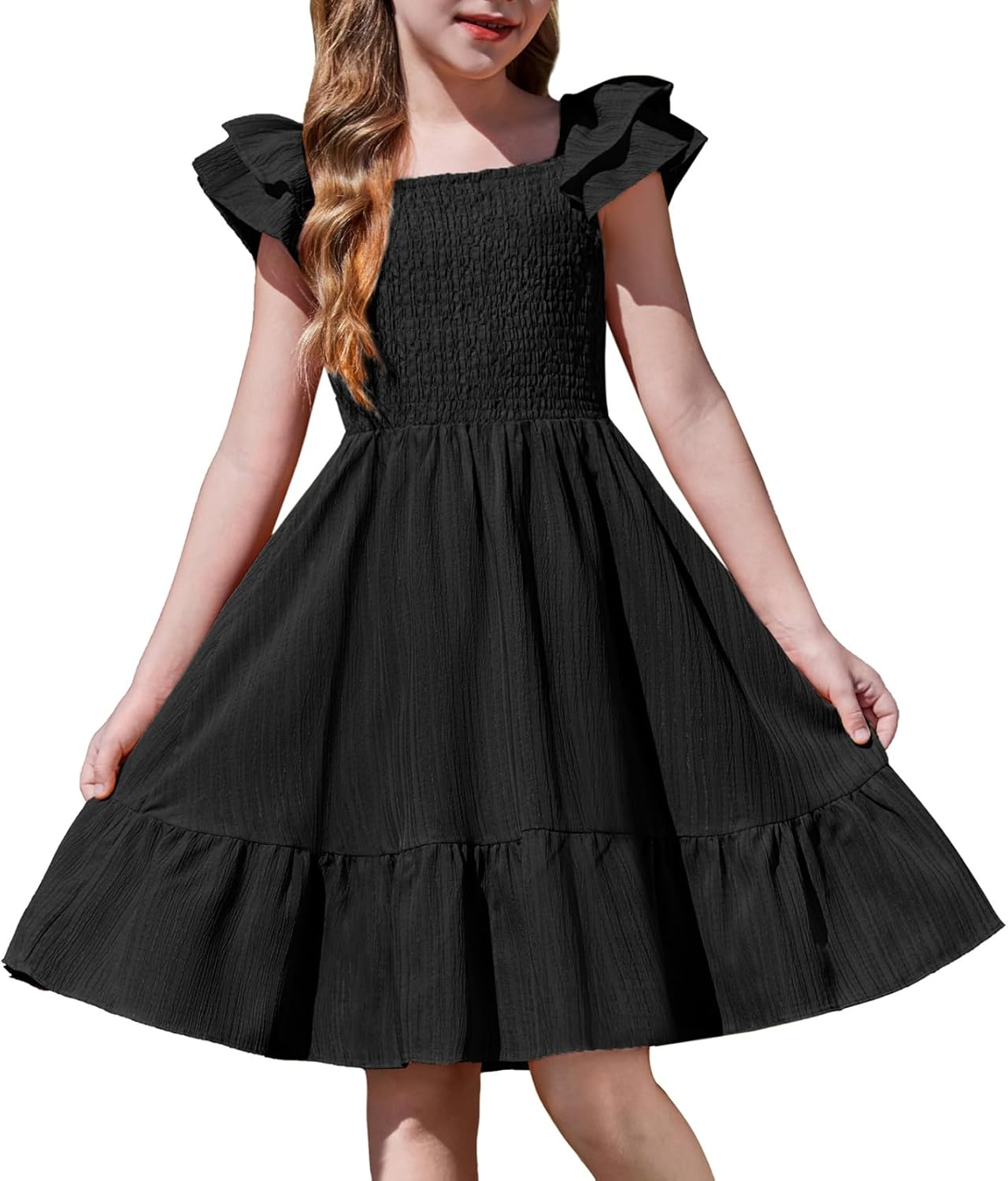 Girls Dresses Double Pleated Sleeve Square Neck off Shoulder with Pockets Tween Sundress Size 5-16