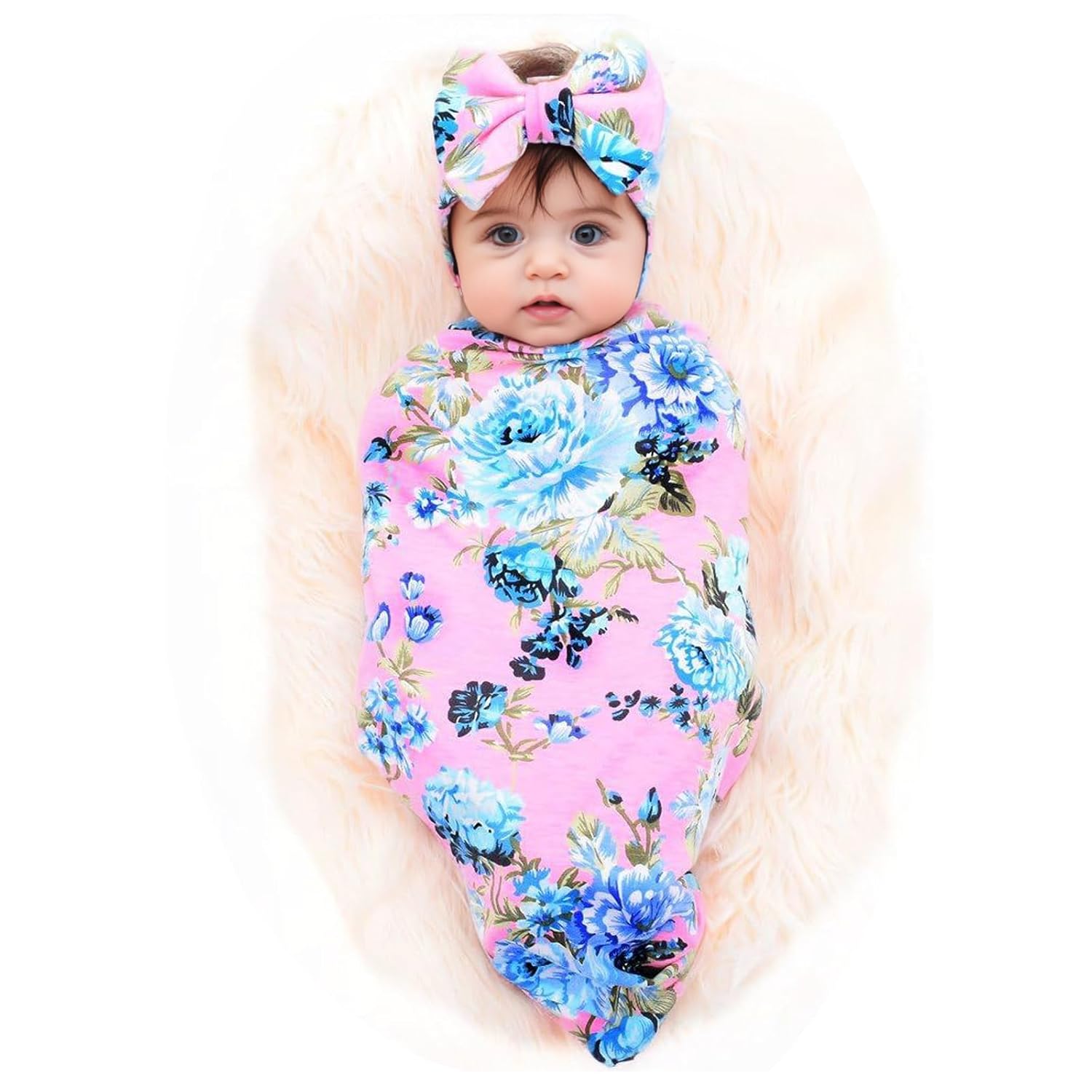Newborn Receiving Blanket Headband Set Baby Flower Swaddle (Vintage Flower)