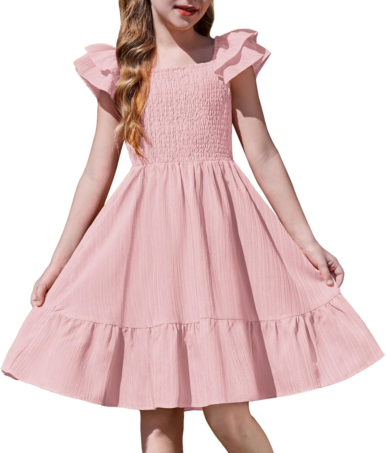 Girls Dresses Double Pleated Sleeve Square Neck off Shoulder with Pockets Tween Sundress Size 5-16