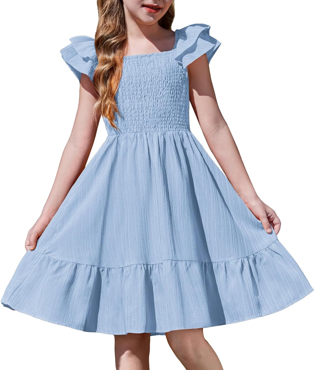 Girls Dresses Double Pleated Sleeve Square Neck off Shoulder with Pockets Tween Sundress Size 5-16