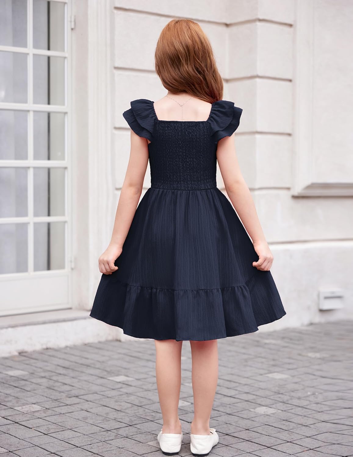 Girls Dresses Double Pleated Sleeve Square Neck off Shoulder with Pockets Tween Sundress Size 5-16