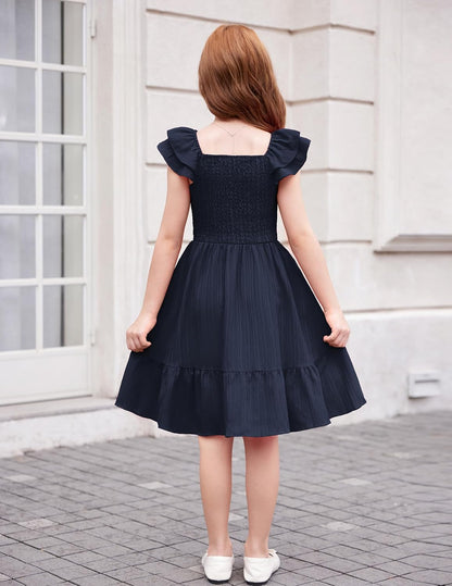 Girls Dresses Double Pleated Sleeve Square Neck off Shoulder with Pockets Tween Sundress Size 5-16